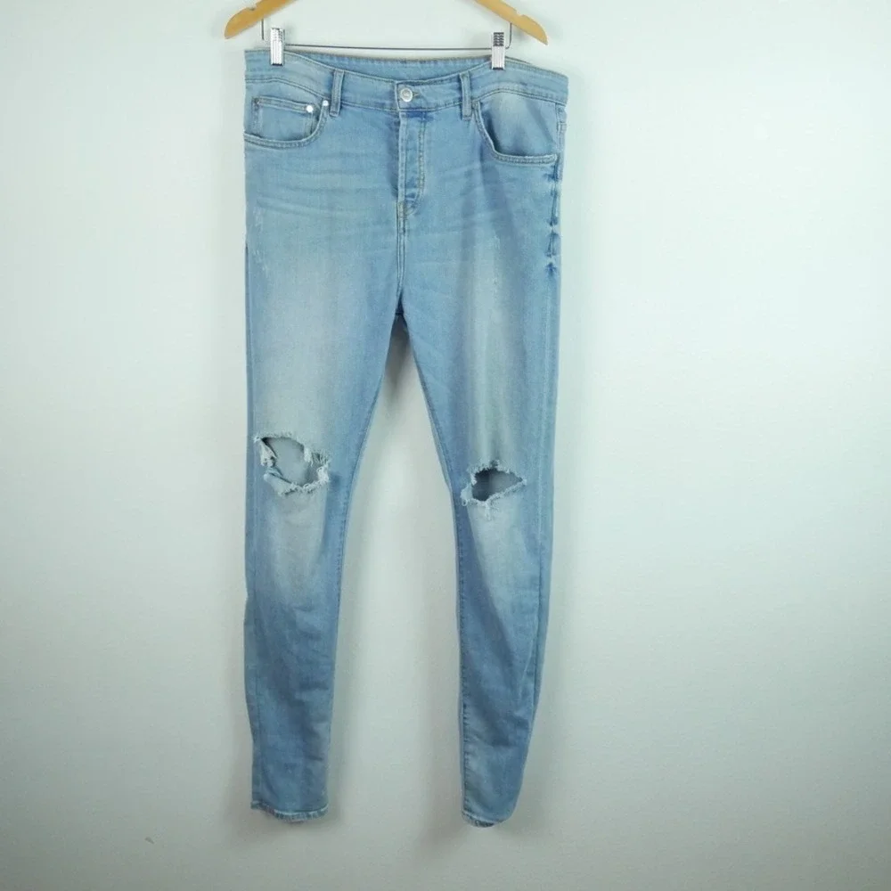 Kith Monroe Denim Pant Mens 34 Light Wash Blue Distressed Ripped Button Fly